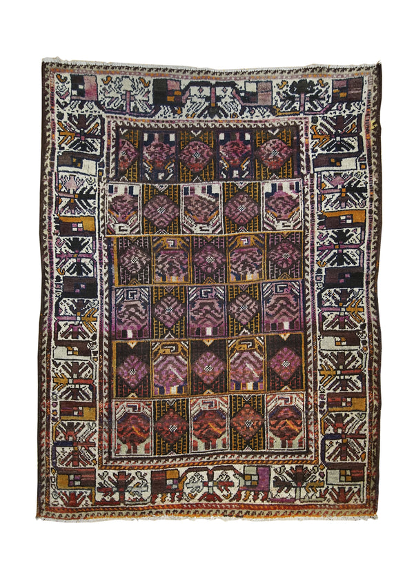 A10770 Persian Rug Zabol Handmade Area Tribal Vintage 4'5'' x 5'4'' -4x5- Purple Whites Beige Floral Design