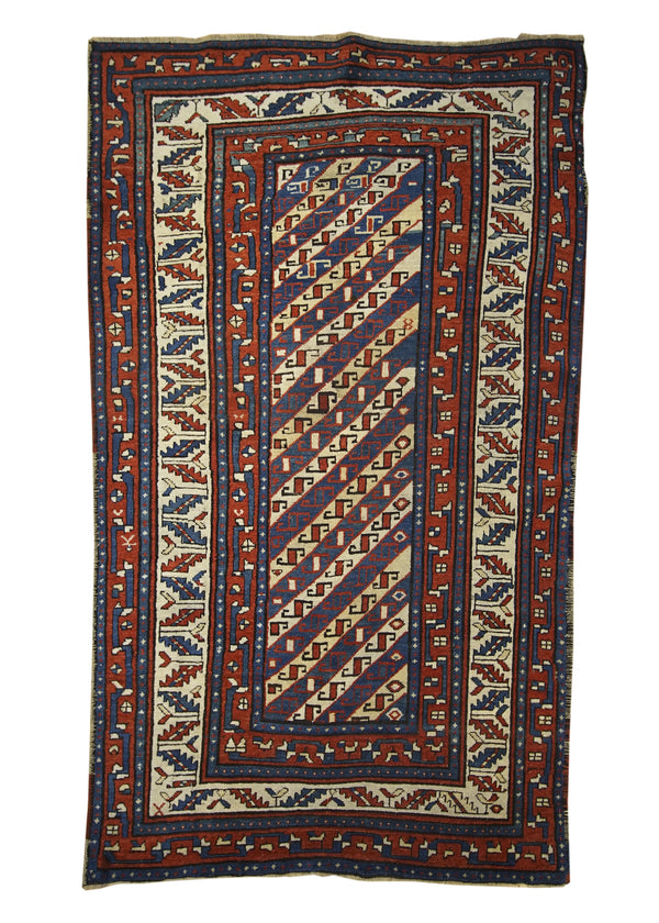 A11501 Caucasian Rug Kazak Handmade Area Tribal Antique 3'8'' x 6'4'' -4x6- Blue Red Geometric Design