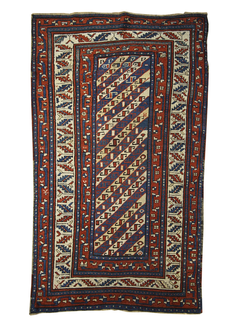 A11501 Caucasian Rug Kazak Handmade Area Tribal Antique 3'8'' x 6'4'' -4x6- Blue Red Geometric Design