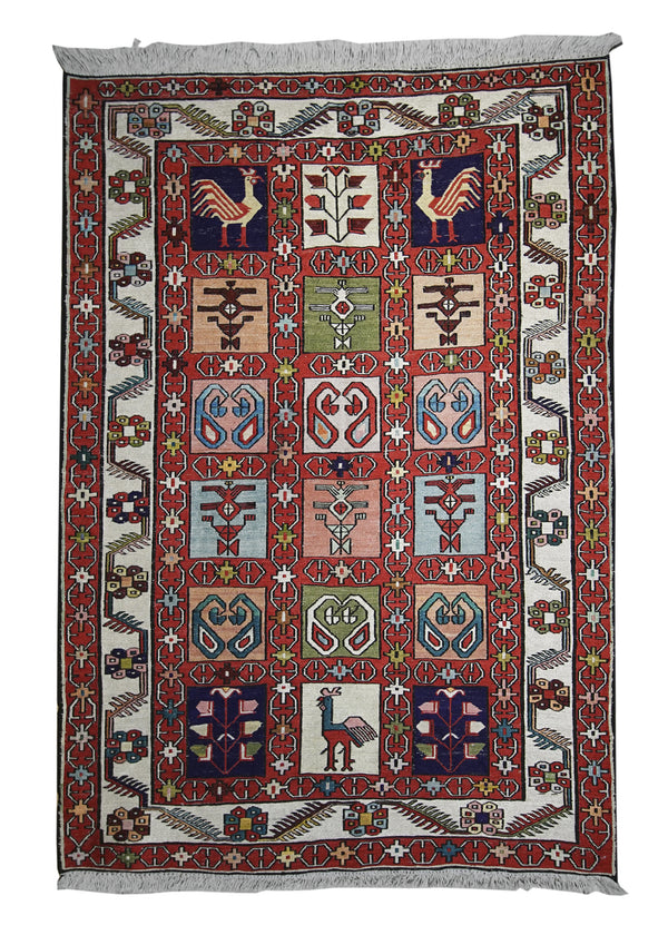 A11544 Persian Rug Azerbaijan Handmade Area Tribal 3'3'' x 4'6'' -3x5- Multi-color Red Garden Kilim Animals Design