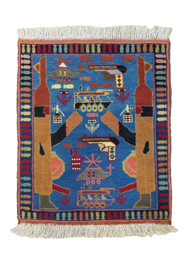 A11549 Oriental Rug Afghan Handmade Area Tribal 2'4'' x 2'10'' -2x3- Blue Multi-color War Design