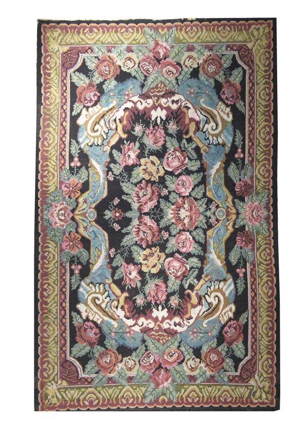A11574 European Rug Handmade Area Traditional 7'1'' x 11'4'' -7x11- Black Pink Tapestry Floral Design