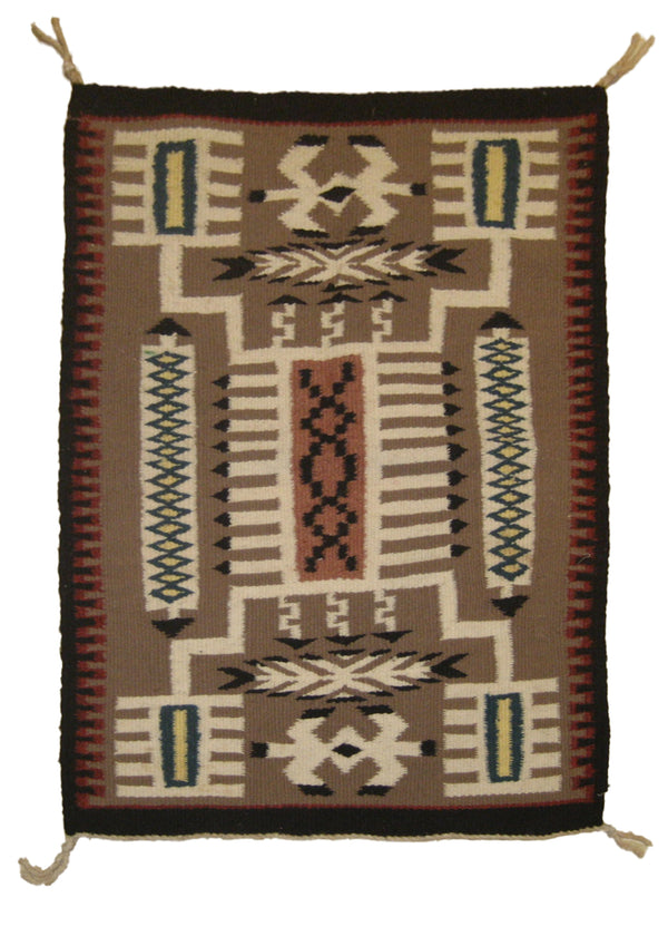 A12253 Native American Rug Navajo Handmade Area Tribal 1'7'' x 2'1'' -2x2- Brown Black Whites Beige Geometric Design