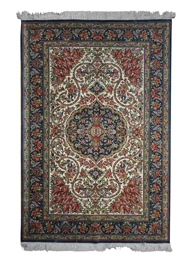 A12377 Persian Rug Qum Handmade Area Traditional 3'4'' x 4'11'' -3x5- Whites Beige Pink Green Floral Design
