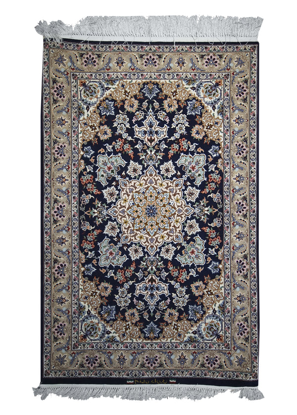 A12382 Persian Rug Isfahan Handmade Area Traditional 2'8'' x 4'3'' -3x4- Black Gray Floral Design