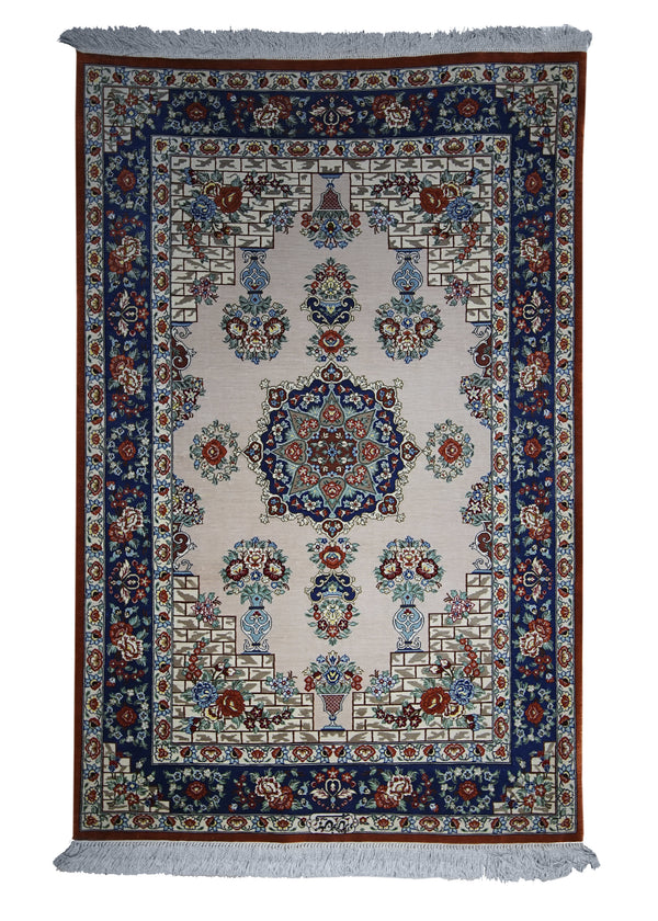 A12794 Persian Rug Qum Handmade Area Traditional 2'9'' x 4'0'' -3x4- Whites Beige Blue Floral Vase Design