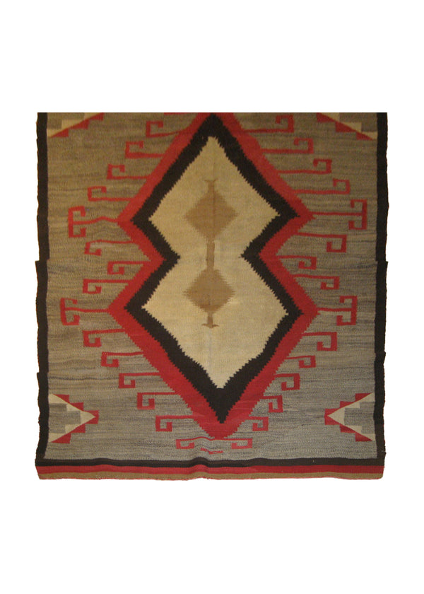 A13045 Native American Rug Navajo Handmade Area Tribal Antique 4'9'' x 7'6'' -5x8- Gray Red Geometric Design