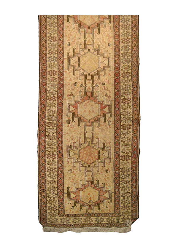 A13593 Persian Rug Azerbaijan Handmade Runner Tribal 2'5'' x 9'2'' -2x9- Pink Whites Beige Kilim Geometric Design