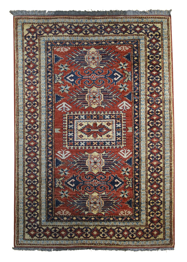 A13887 Oriental Rug Pakistani Handmade Area Transitional Tribal 3'8'' x 5'0'' -4x5- Red Whites Beige Kazak Geometric Design