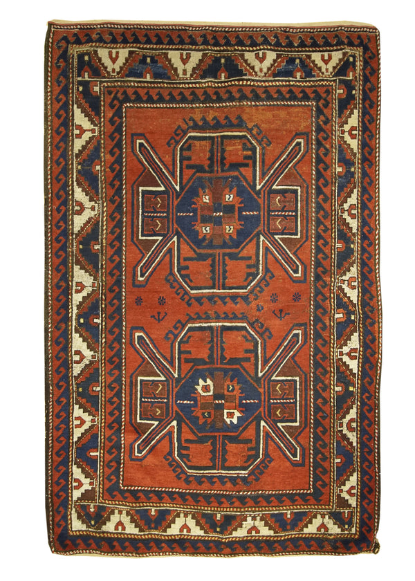 A14142 Caucasian Rug Moghan Handmade Area Tribal Antique 4'1'' x 6'5'' -4x6- Red Geometric Design