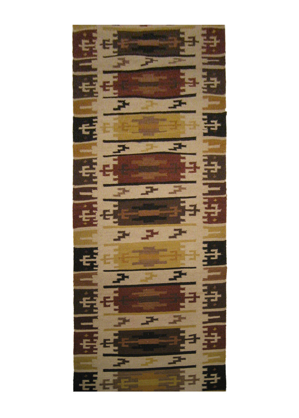 A14473 Oriental Rug Indian Handmade Runner Tribal 2'6'' x 12'0'' -3x12- Multi-color Yellow Gold Dhurrie Geometric Design