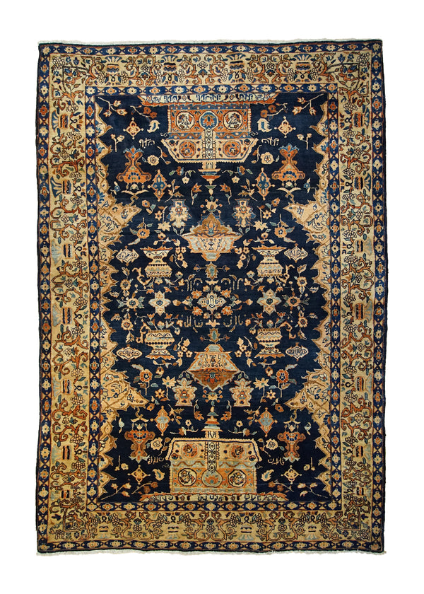 A14670 Persian Rug Sarouk Handmade Area Traditional Antique 4'4'' x 6'4'' -4x6- Blue Orange Floral Design