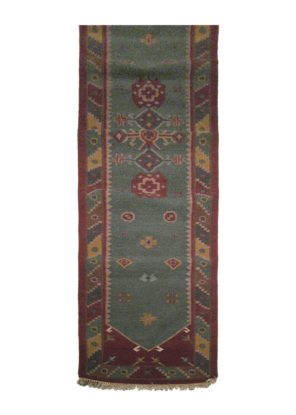 A14842 Oriental Rug Indian Handmade Runner Tribal 2'7'' x 12'0'' -3x12- Green Red Dhurrie Geometric Design