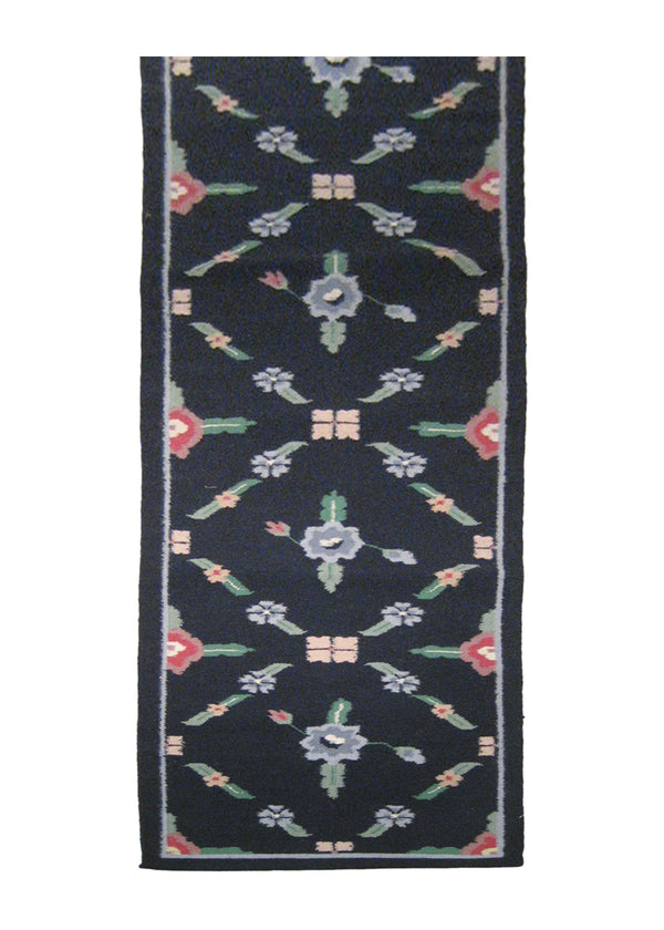 A14845 Oriental Rug Indian Handmade Runner Traditional 2'6'' x 12'0'' -3x12- Green Dhurrie Floral Design