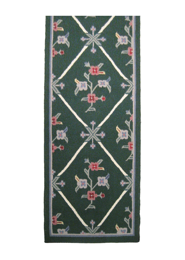 A14852 Oriental Rug Indian Handmade Runner Traditional 2'7'' x 8'1'' -3x8- Green Dhurrie Floral Design