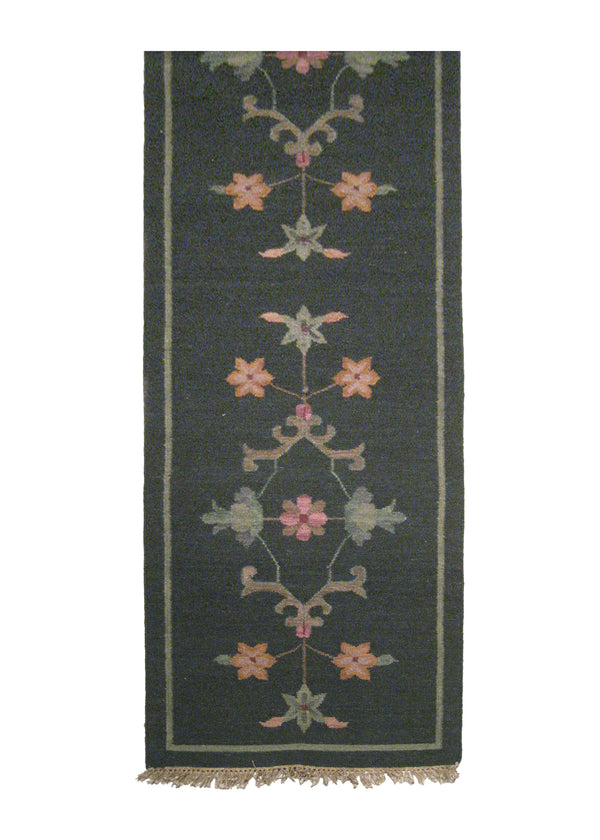 A14854 Oriental Rug Indian Handmade Runner Traditional 2'7'' x 7'10'' -3x8- Blue Dhurrie Floral Design
