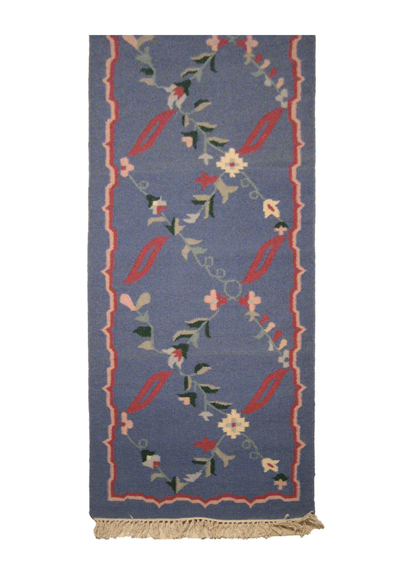A14856 Oriental Rug Indian Handmade Runner Traditional 2'6'' x 8'0'' -3x8- Blue Dhurrie Floral Design