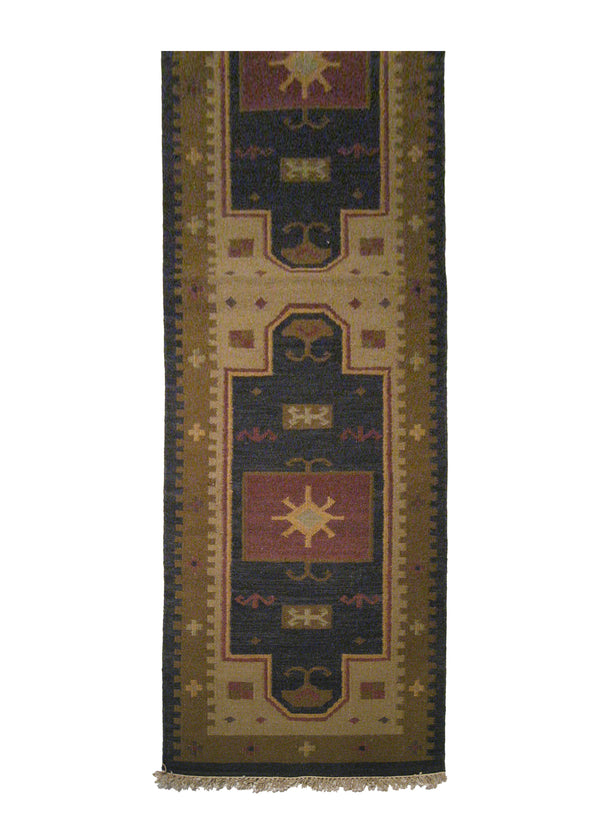 A14867 Oriental Rug Indian Handmade Runner Tribal 2'6'' x 10'0'' -3x10- Brown Dhurrie Geometric Design