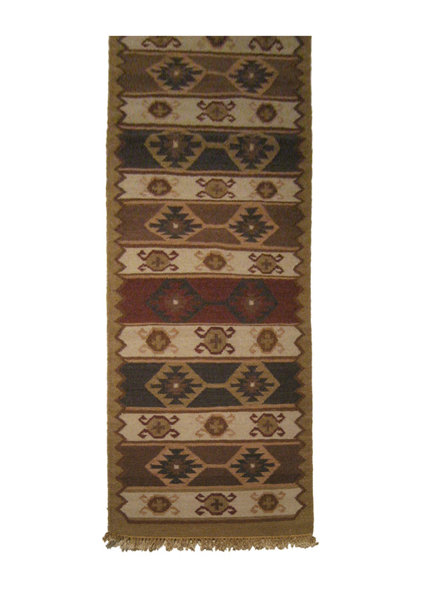 A14868 Oriental Rug Indian Handmade Runner Tribal 2'6'' x 10'4'' -3x10- Whites Beige Red Dhurrie Geometric Design