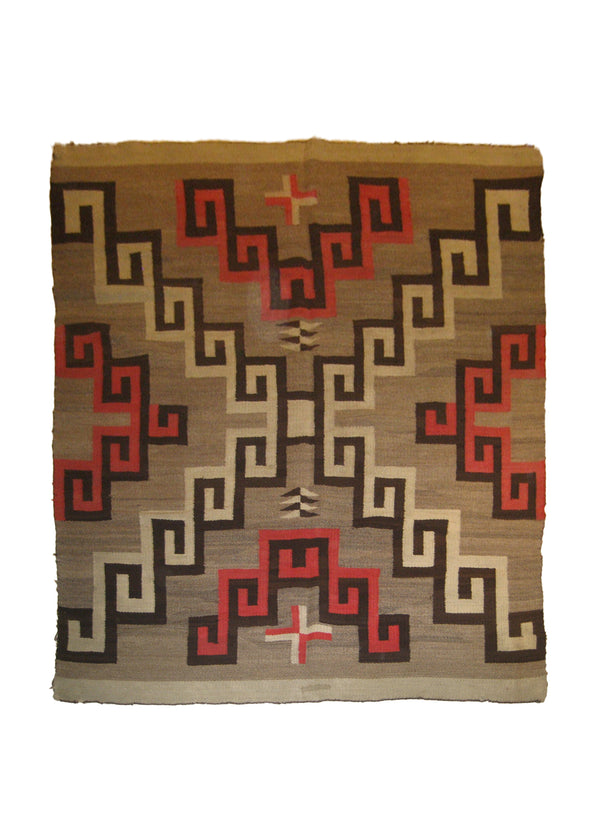 A16001 Native American Rug Navajo Handmade Area Tribal Antique 5'1'' x 6'6'' -5x7- Gray Whites Beige Red Geometric Design