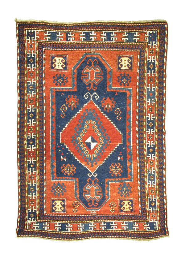 A17162 Caucasian Rug Kazak Handmade Area Tribal Antique 4'11'' x 7'1'' -5x7- Red Blue Geometric Design