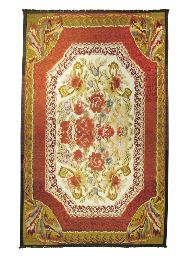 A17221 European Rug Handmade Area Traditional 6'5'' x 9'11'' -6x10- Red Yellow Gold Kilim Floral Design