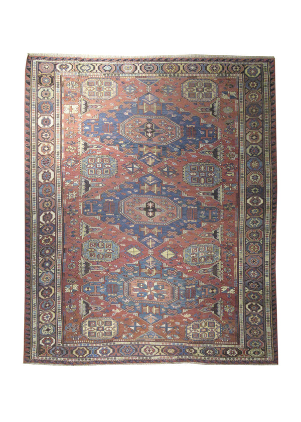 A17333 Caucasian Rug Shirvan Handmade Area Tribal Antique 7'7'' x 9'5'' -8x9- Red Blue Kilim Geometric Design