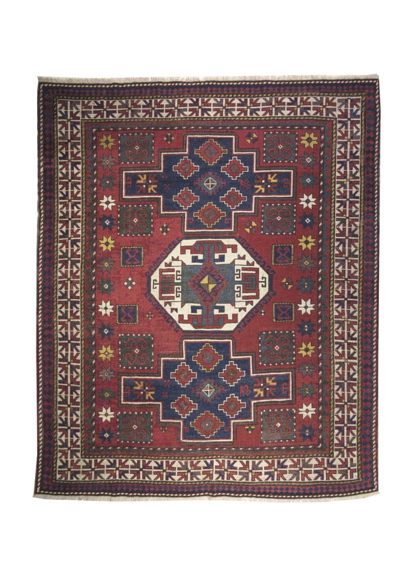 A17334 Caucasian Rug Kazak Handmade Area Tribal Antique 6'3'' x 7'6'' -6x8- Red Blue Geometric Design