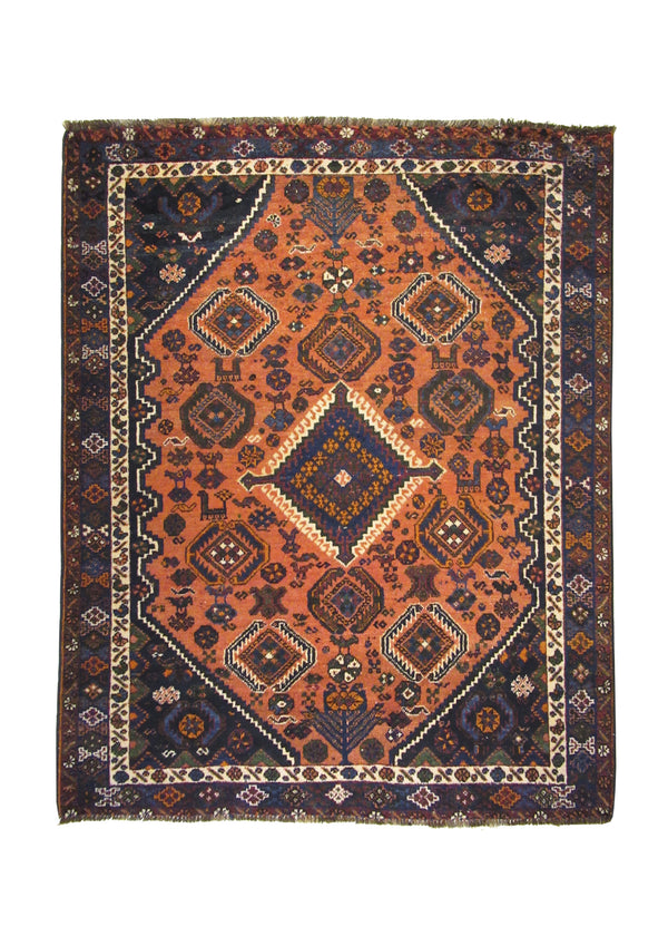 A17451 Persian Rug Shiraz Handmade Area Tribal Vintage 5'0'' x 6'3'' -5x6- Orange Blue Geometric Design