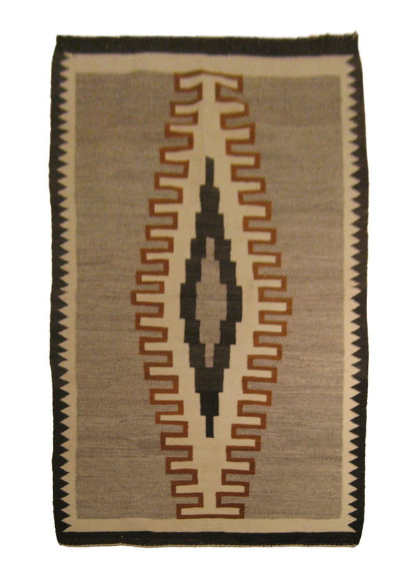 A17892 Native American Rug Navajo Handmade Area Tribal Antique 3'1'' x 5'5'' -3x5- Gray Black Whites Beige Two Gray Hills Geometric Design