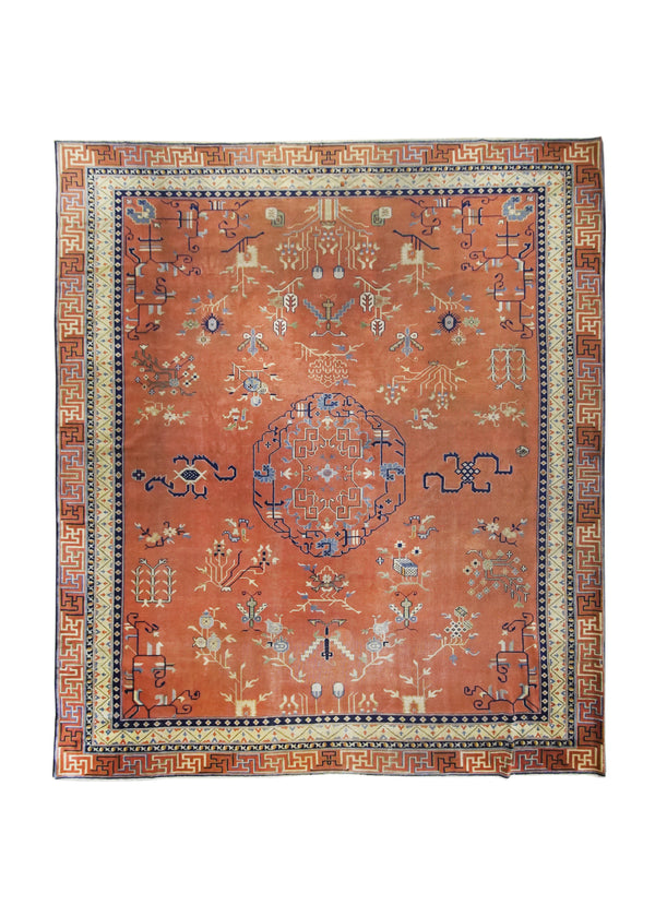 A18484 Oriental Rug Chinese Handmade Area Traditional Antique 12'0'' x 13'7'' -12x14- Red Khotan Floral Design