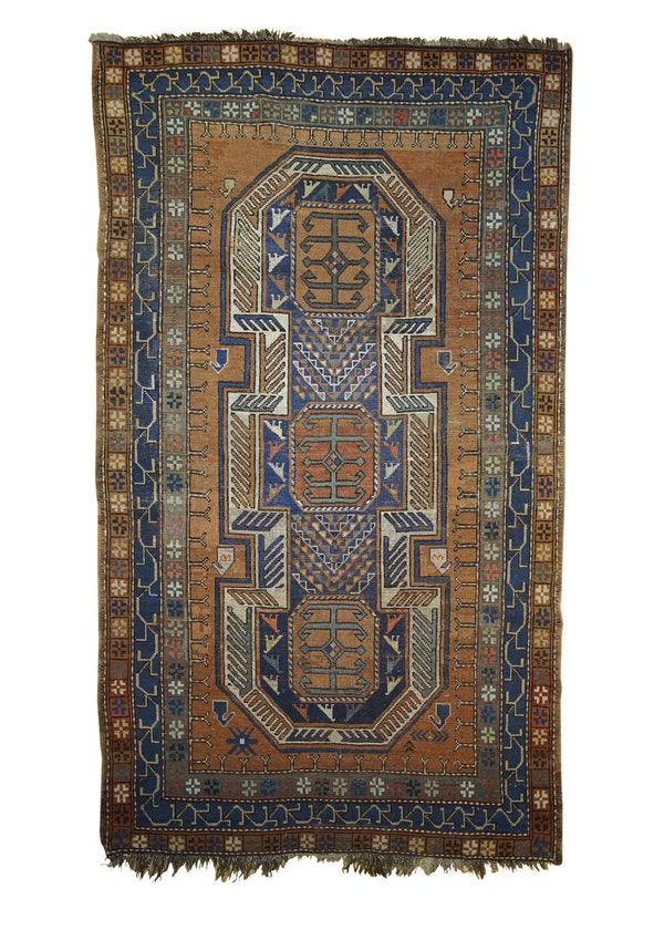 A18486 Caucasian Rug Shirvan Handmade Area Tribal Antique 3'10'' x 6'6'' -4x7- Brown Blue Geometric Design