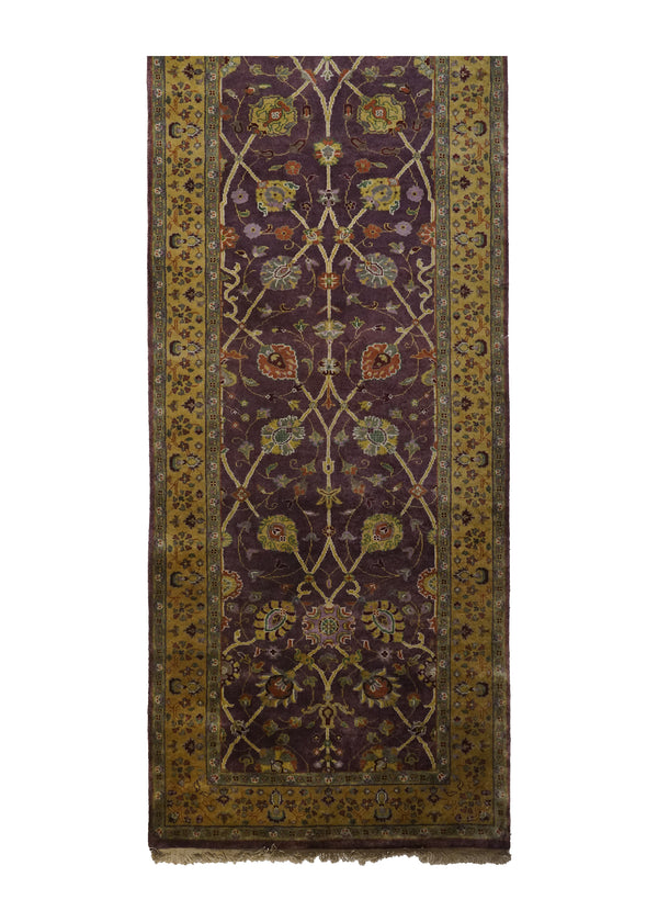 A19011 Oriental Rug Indian Handmade Runner Transitional 2'6'' x 12'0'' -3x12- Purple Yellow Gold Tea Washed Design