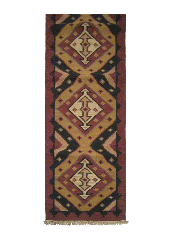 A19274 Oriental Rug Indian Handmade Runner Tribal 2'7'' x 9'9'' -3x10- Multi-color Red Yellow Gold Dhurrie Tea Washed Geometric Design