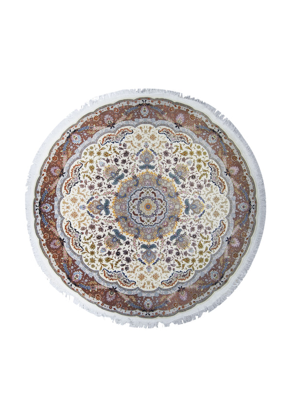 A19805 Persian Rug Tabriz Handmade Round Traditional 6'6'' x 6'6'' -7x7- Whites Beige Pink Floral Naghsh Design
