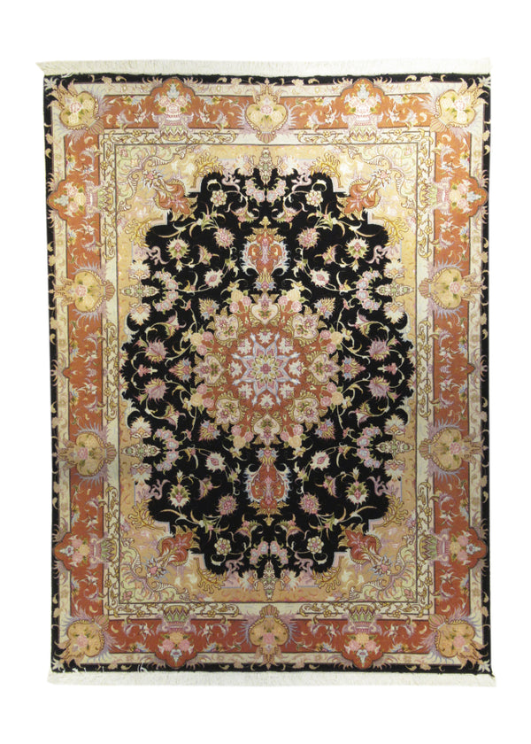 A19846 Persian Rug Tabriz Handmade Area Traditional 4'10'' x 6'7'' -5x7- Black Orange Blue Naghsh Floral Design