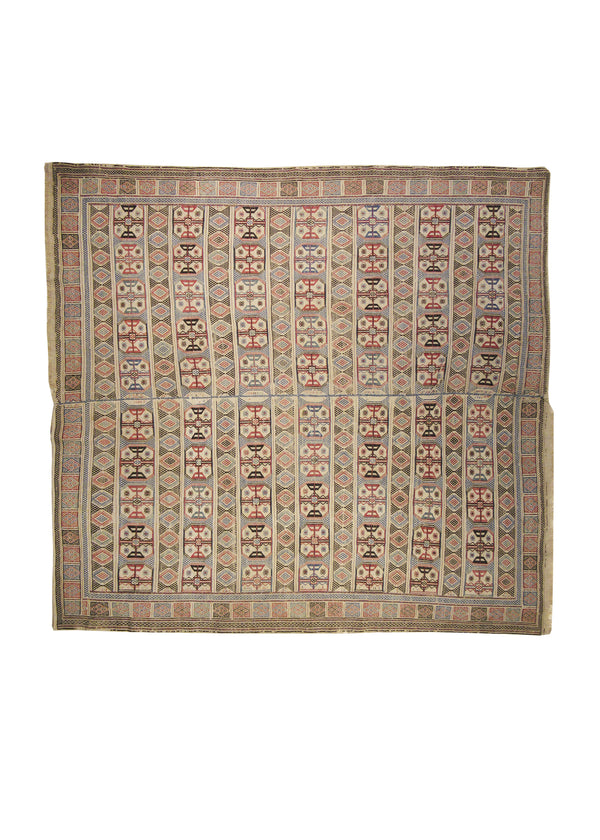 A19858 Oriental Rug Moroccan Handmade Square Tribal 6'1'' x 6'4'' -6x6- Whites Beige Red Kilim Geometric Design