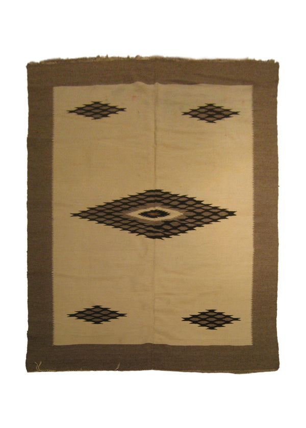 A19907 Native American Rug Mexico Handmade Area Tribal 4'9'' x 6'5'' -5x6- Whites Beige Brown Black Geometric Design
