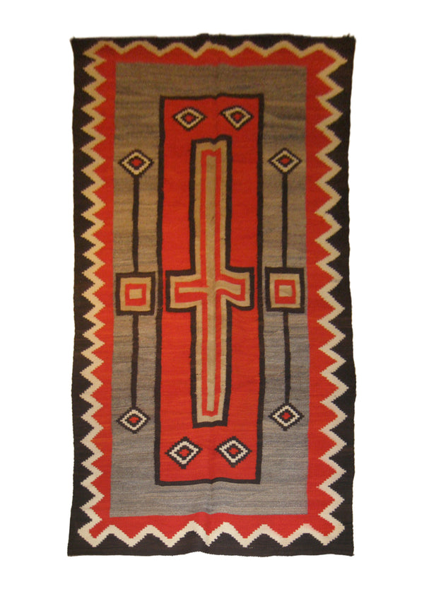 A19993 Native American Rug Navajo Handmade Area Tribal Antique 5'0'' x 10'0'' -5x10- Red Gray Whites Beige Crystal Geometric Design