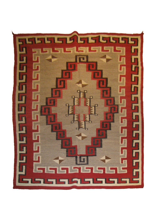 A19994 Native American Rug Navajo Handmade Area Tribal Antique 6'3'' x 8'9'' -6x9- Gray Red Whites Beige Klaqayeau Geometric Design