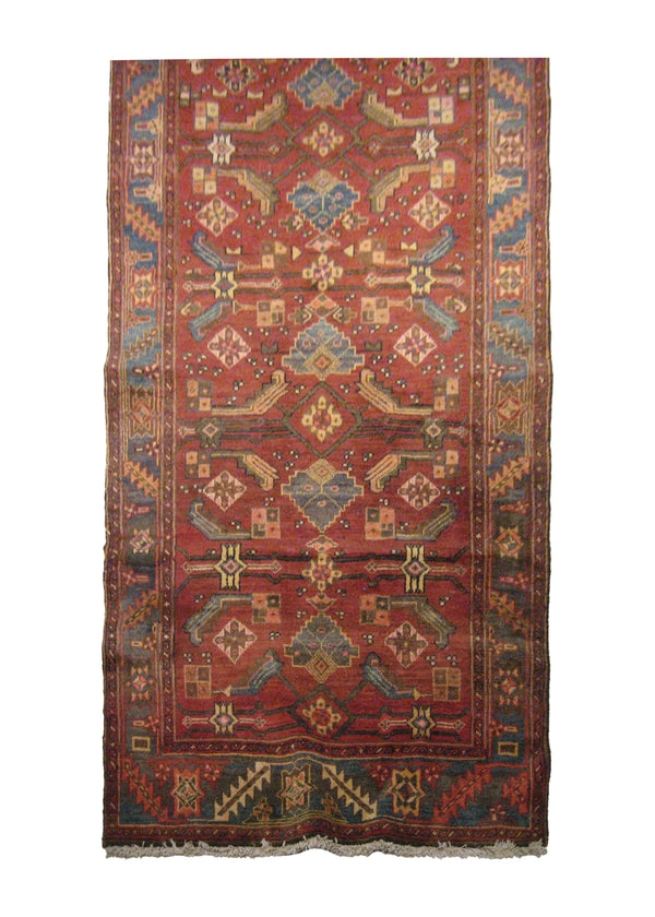 A20178 Caucasian Rug Azerbaijan Handmade Runner Tribal 3'5'' x 13'9'' -3x14- Red Blue Geometric Design
