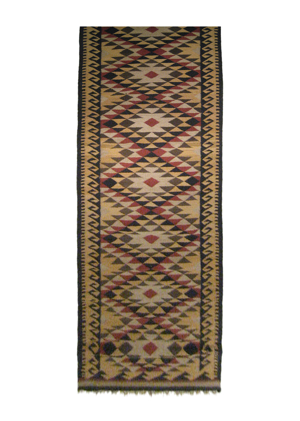A21165 Oriental Rug Indian Handmade Runner Tribal 3'1'' x 12'4'' -3x12- Yellow Gold Red Black Dhurrie Tea Washed Geometric Design