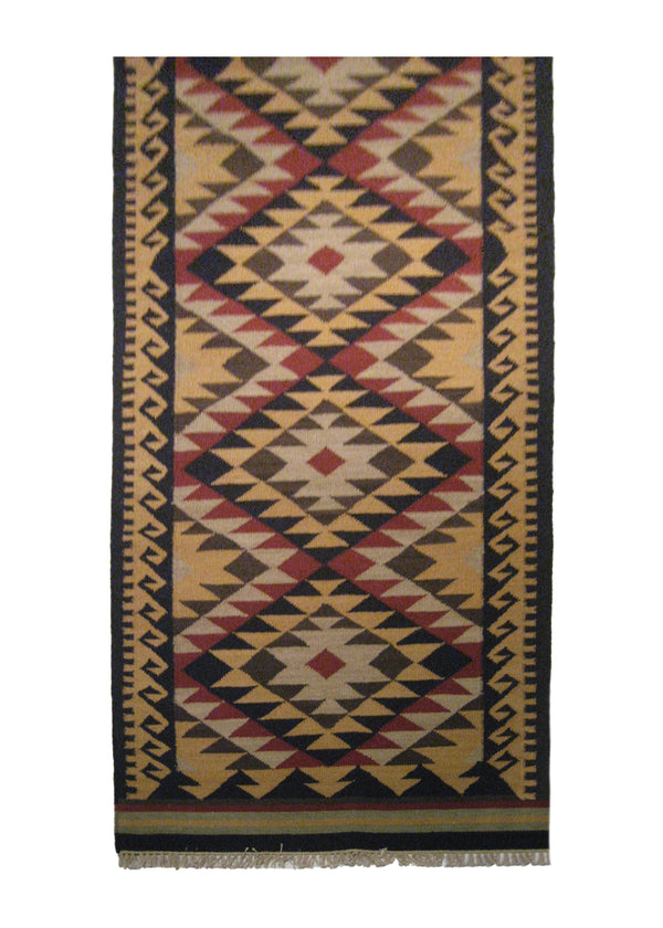 A21171 Oriental Rug Indian Handmade Runner Tribal 3'2'' x 9'10'' -3x10- Yellow Gold Red Black Dhurrie Tea Washed Geometric Design