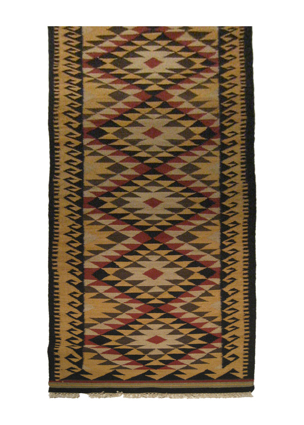A21189 Oriental Rug Indian Handmade Runner Tribal 3'0'' x 12'3'' -3x12- Yellow Gold Red Black Dhurrie Tea Washed Geometric Design