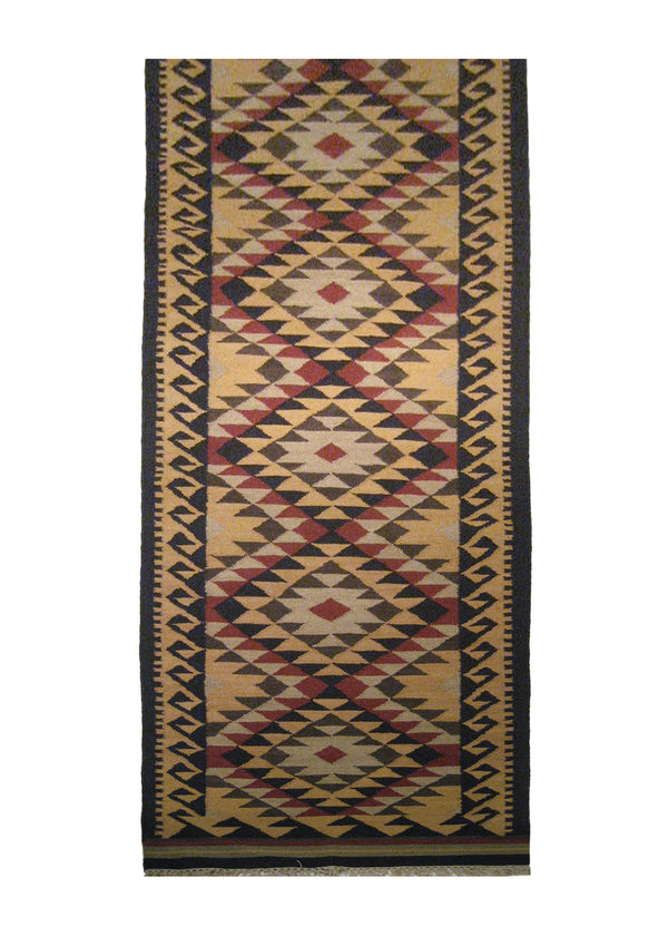 A21190 Oriental Rug Indian Handmade Runner Tribal 2'11'' x 12'2'' -3x12- Yellow Gold Red Black Dhurrie Tea Washed Geometric Design