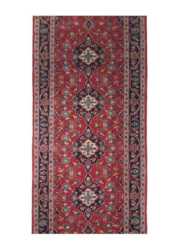 A21540 Persian Rug Kashan Handmade Runner Traditional 3'4'' x 9'7'' -3x10- Red Blue Floral Toranj Mehrab Design