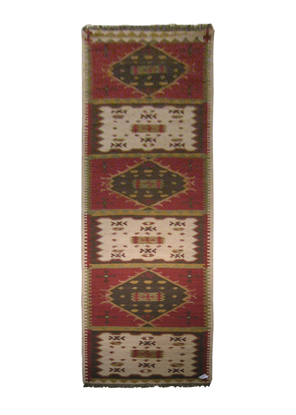 A21664 Oriental Rug Indian Handmade Runner Tribal 3'2'' x 11'11'' -3x12- Multi-color Red Brown Dhurrie Tea Washed Geeta Design