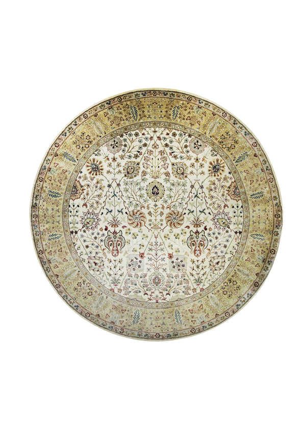 A21835 Oriental Rug Indian Handmade Round Transitional 8'0'' x 8'0'' -8x8- Yellow Gold Whites Beige Tea Washed Design