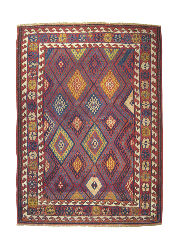 A21900 Caucasian Rug Kazak Handmade Area Tribal Antique 4'9'' x 6'8'' -5x7- Red Yellow Gold Blue Geometric Design