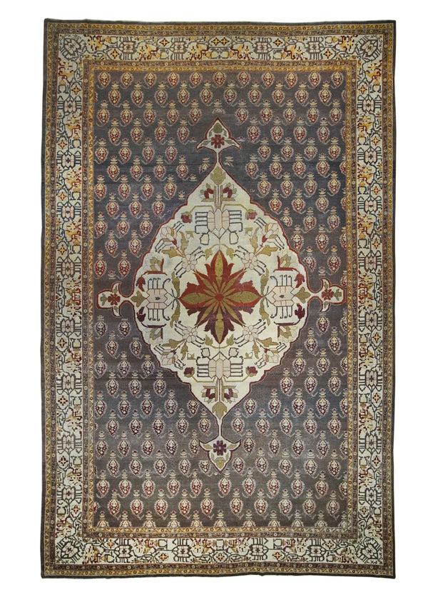 A22340 Oriental Rug Indian Handmade Area Traditional Antique 9'0'' x 14'2'' -9x14- Gray Whites Beige Floral Design